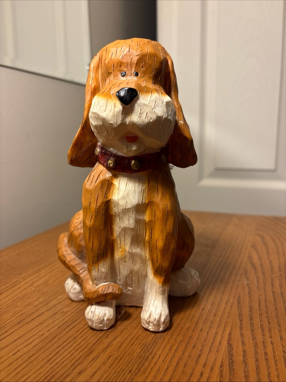 Brown and Cream Dog Toy Figurine with Red Collar - Decorative Pet Accent